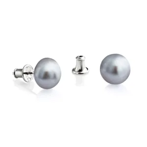 Large Pearl Stud Earrings - Silver/Grey - E10S
