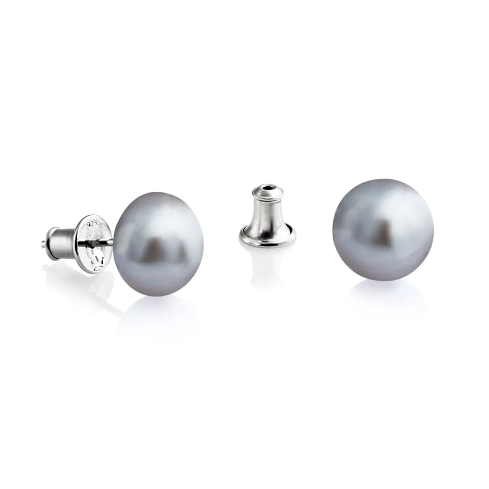 Large Pearl Stud Earrings - Silver/Grey - E10S