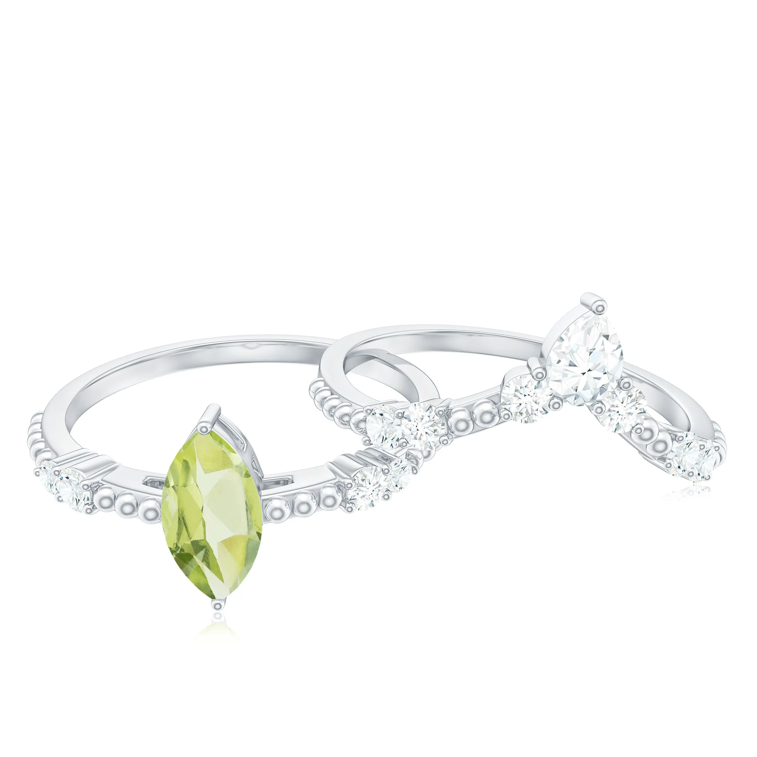 Marquise Shape Peridot Solitaire Ring Set with Moissanite
