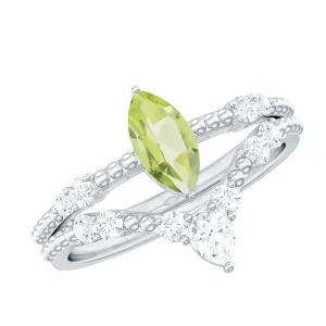 Marquise Shape Peridot Solitaire Ring Set with Moissanite