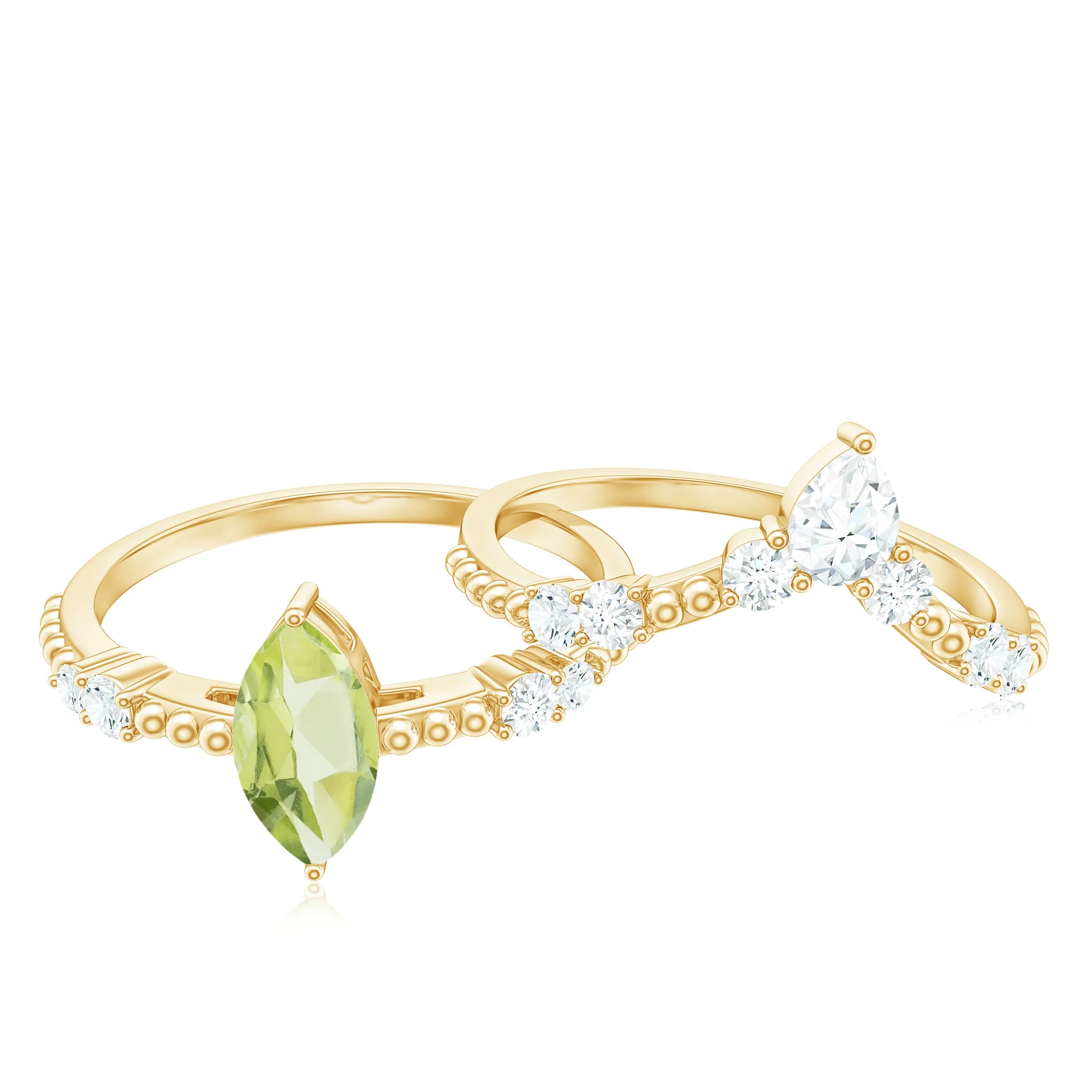 Marquise Shape Peridot Solitaire Ring Set with Moissanite