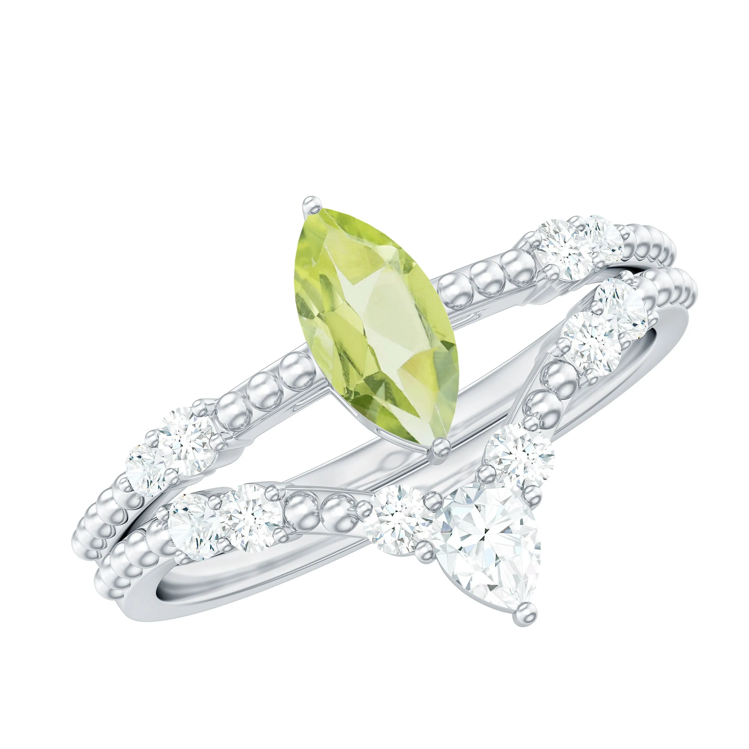 Marquise Shape Peridot Solitaire Ring Set with Moissanite