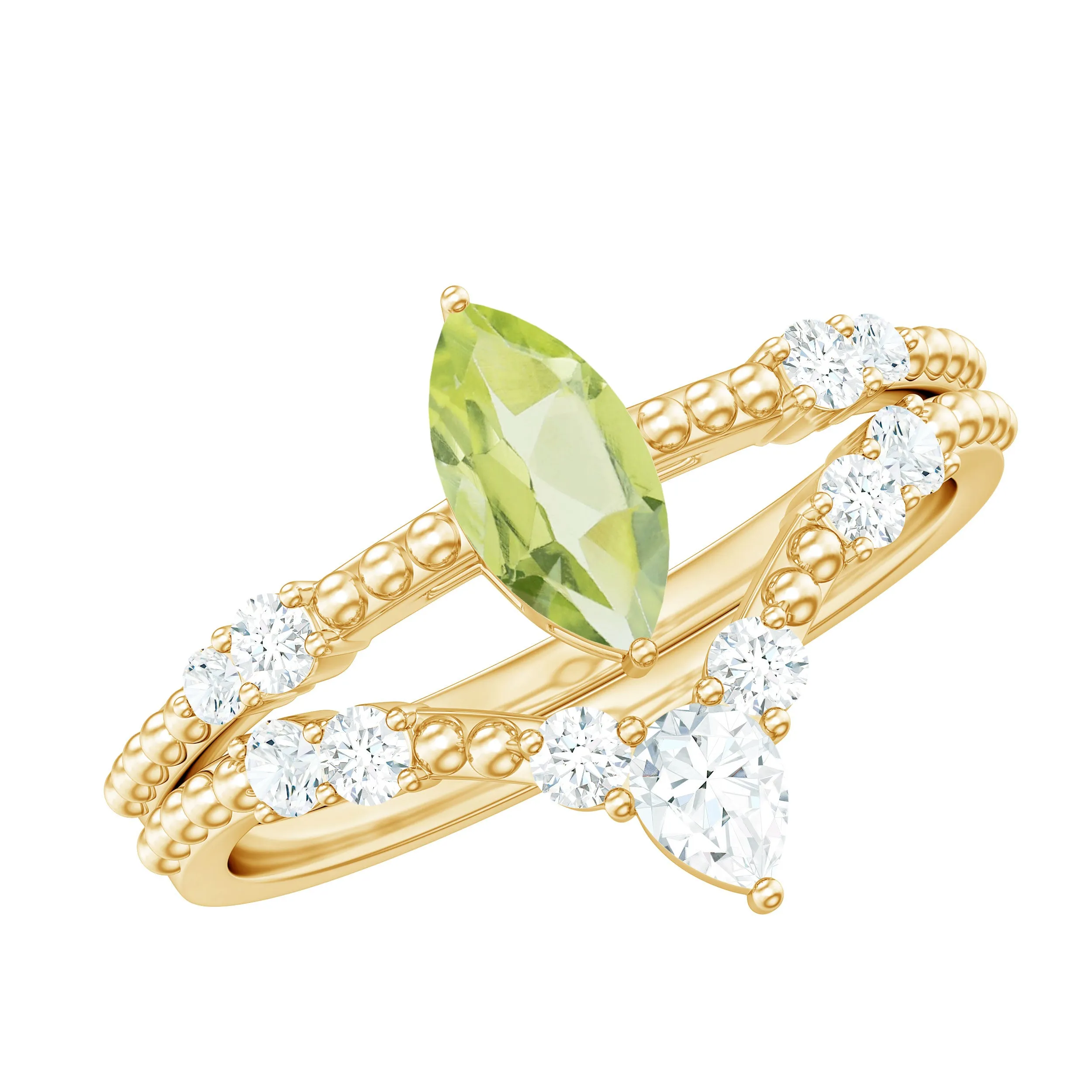 Marquise Shape Peridot Solitaire Ring Set with Moissanite
