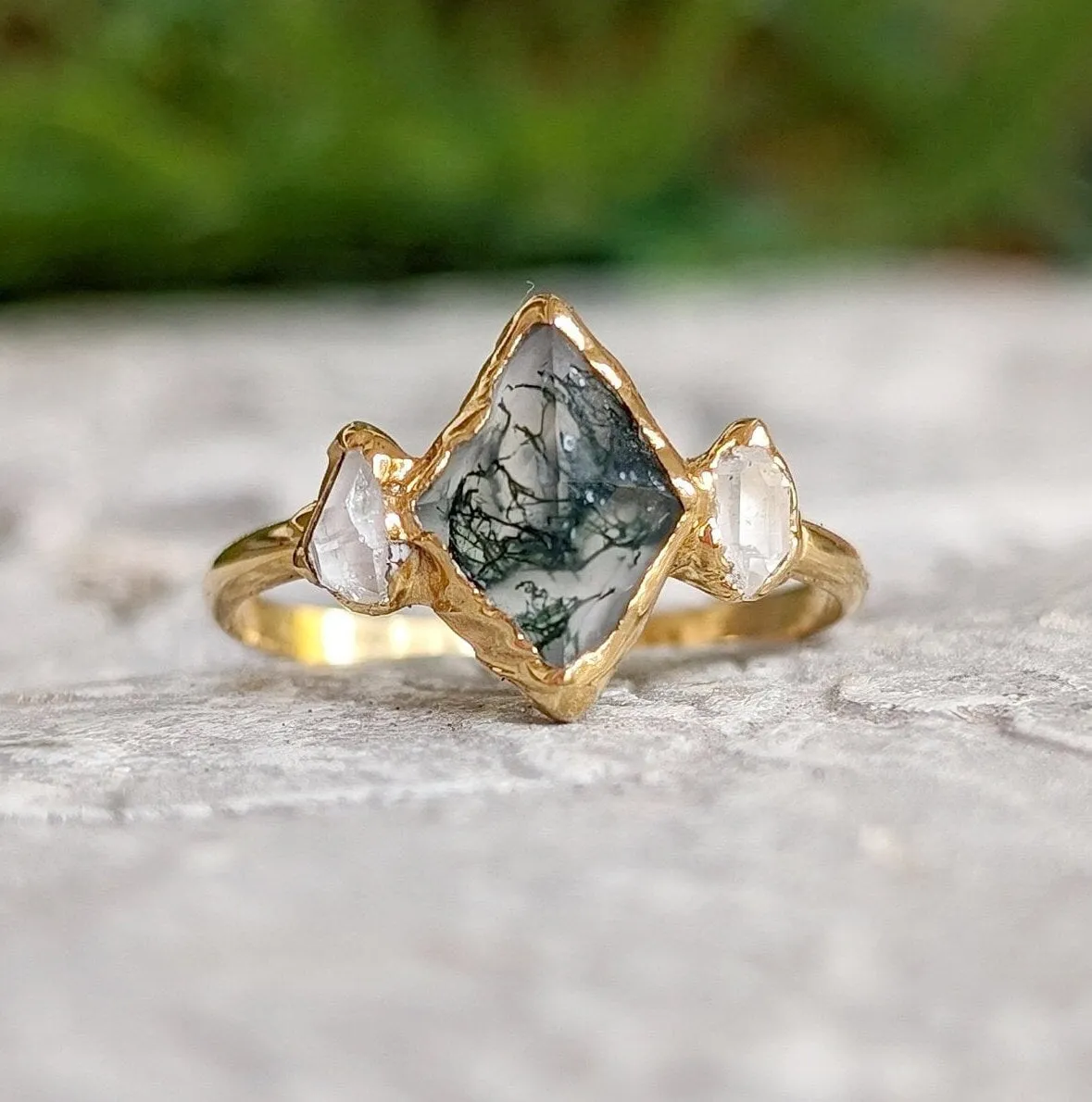 Moss Agate and Herkimer diamond engagement ring - Lozenge shape Moss Agate ring