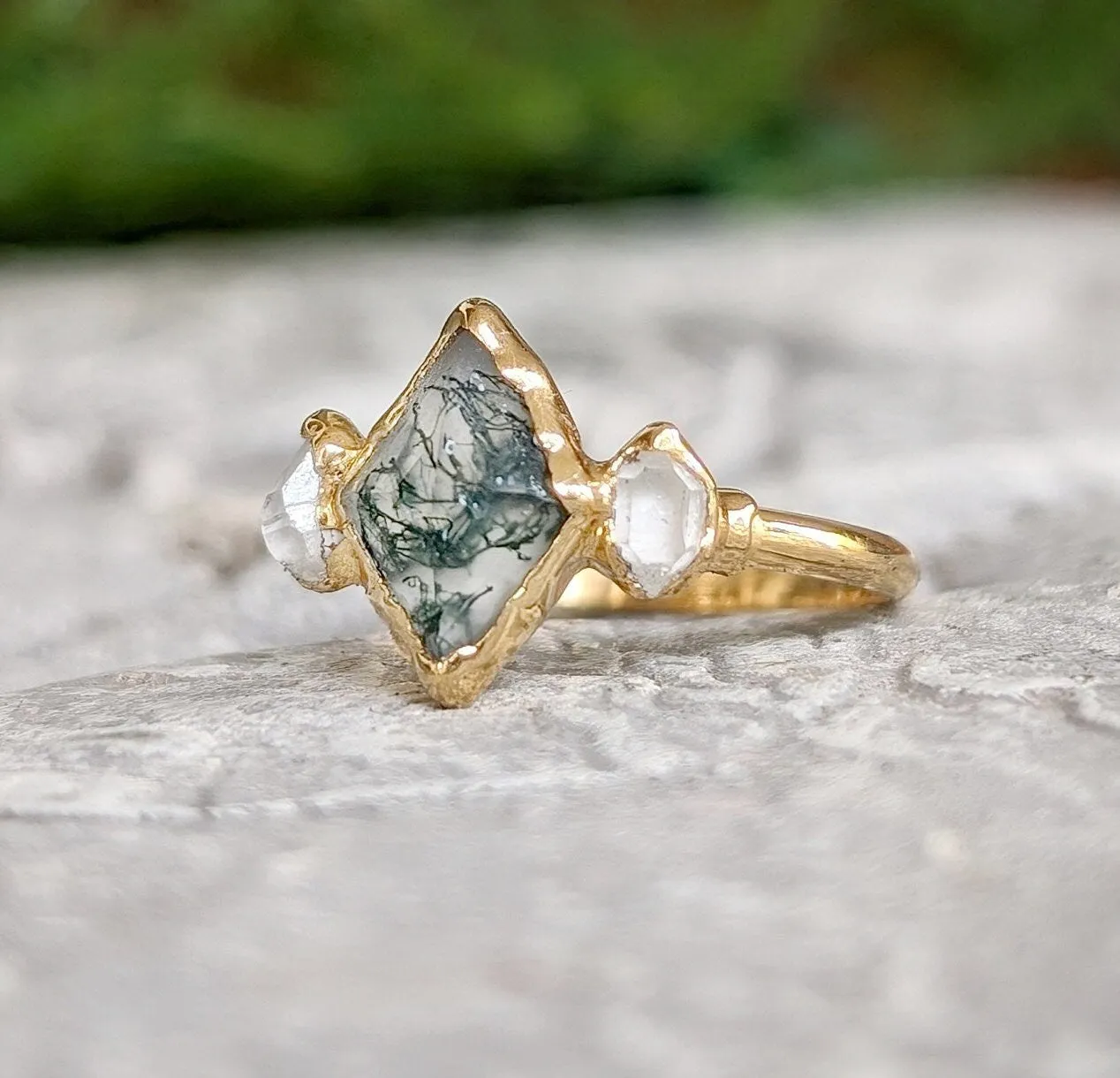 Moss Agate and Herkimer diamond engagement ring - Lozenge shape Moss Agate ring