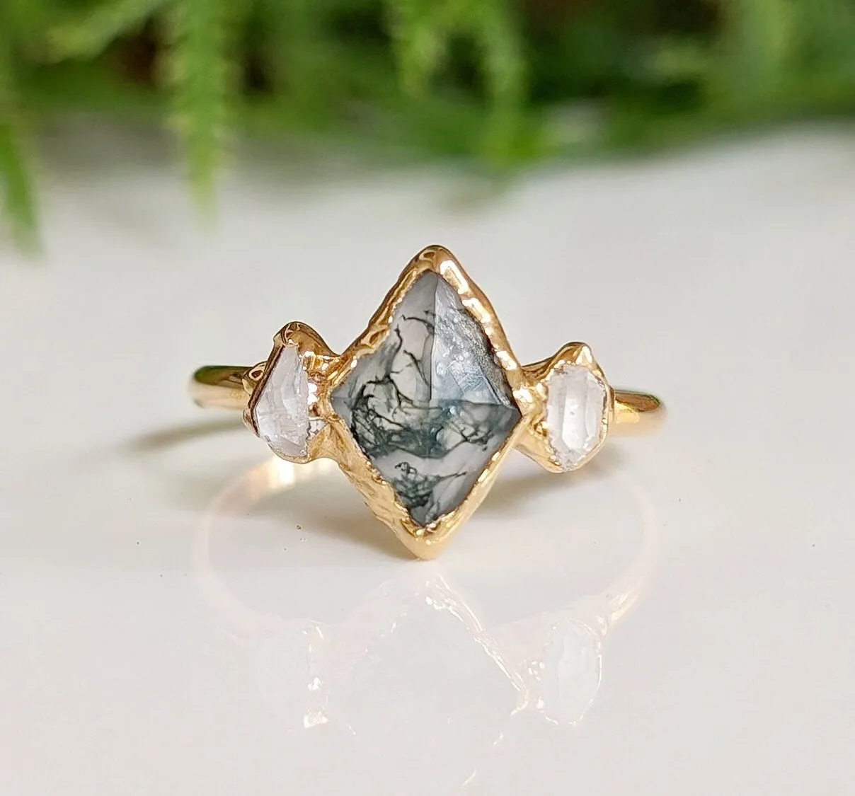 Moss Agate and Herkimer diamond engagement ring - Lozenge shape Moss Agate ring