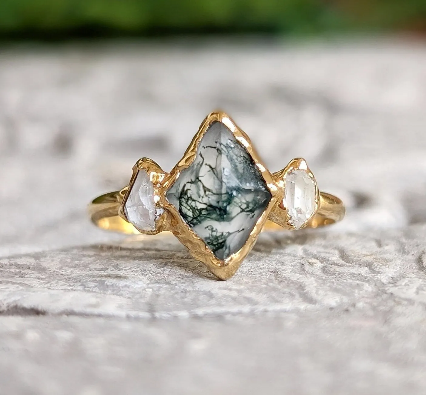 Moss Agate and Herkimer diamond engagement ring - Lozenge shape Moss Agate ring