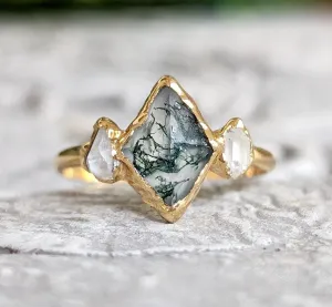 Moss Agate and Herkimer diamond engagement ring - Lozenge shape Moss Agate ring