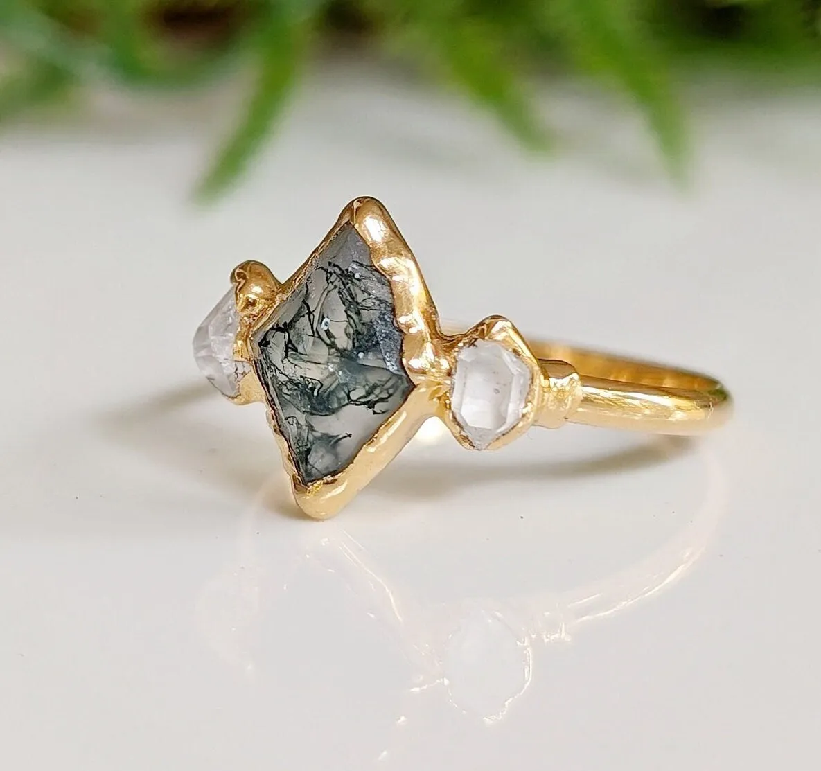Moss Agate and Herkimer diamond engagement ring - Lozenge shape Moss Agate ring