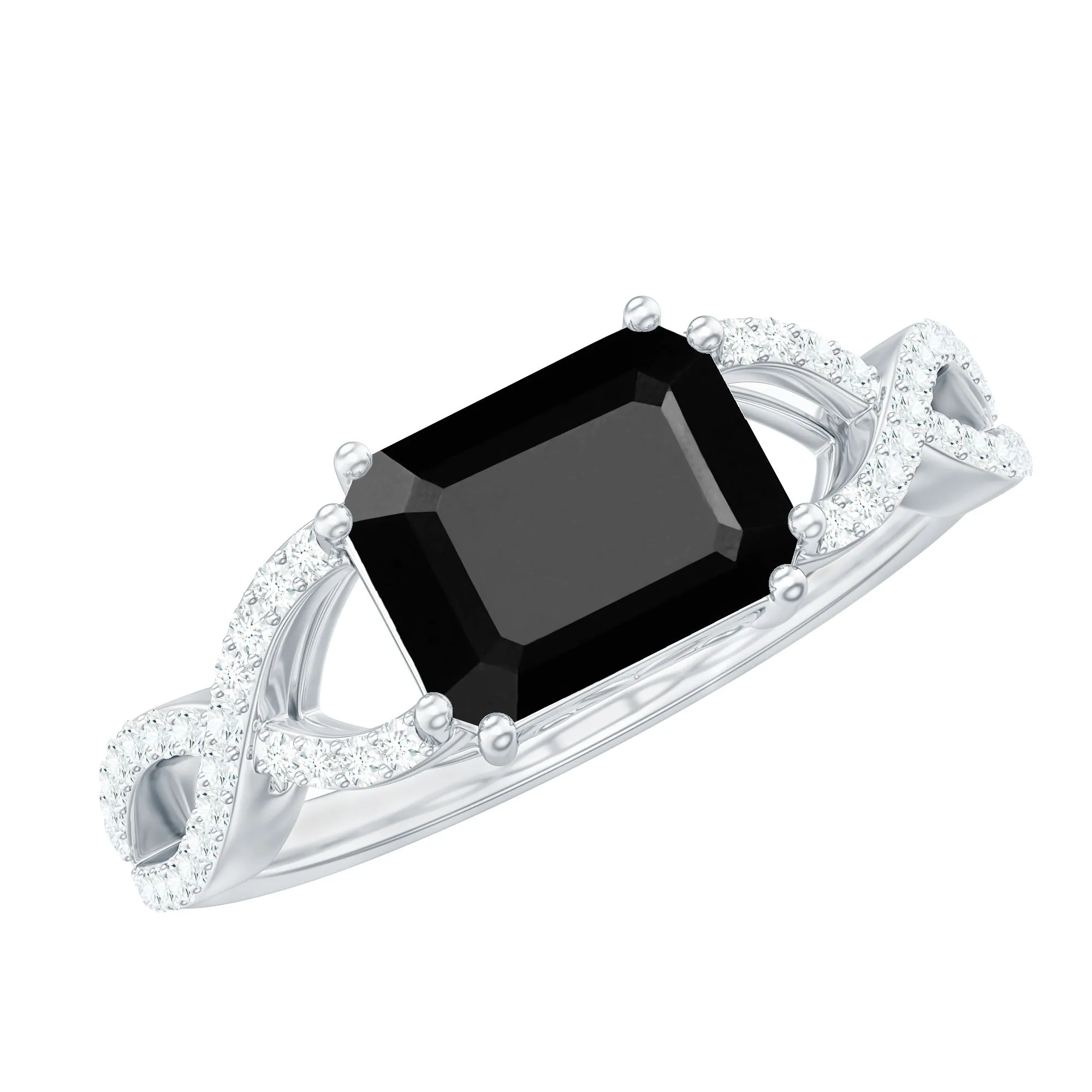 Octagon Black Spinel East-West Crossover Engagement Ring with Diamond