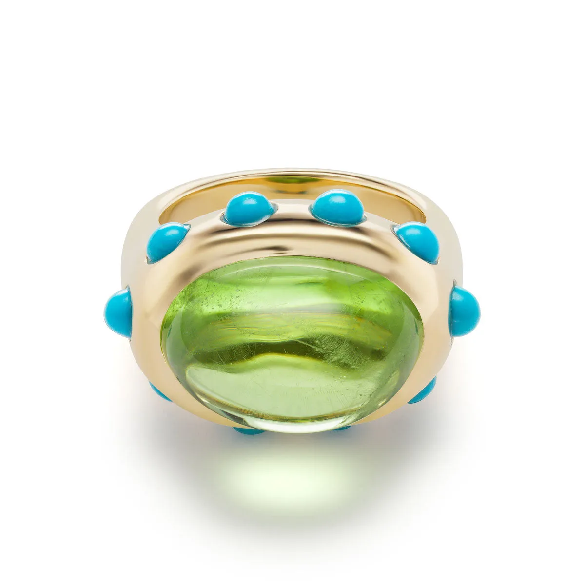 One-of-a-Kind Crown Ring with Peridot and Turquoise Cabochons