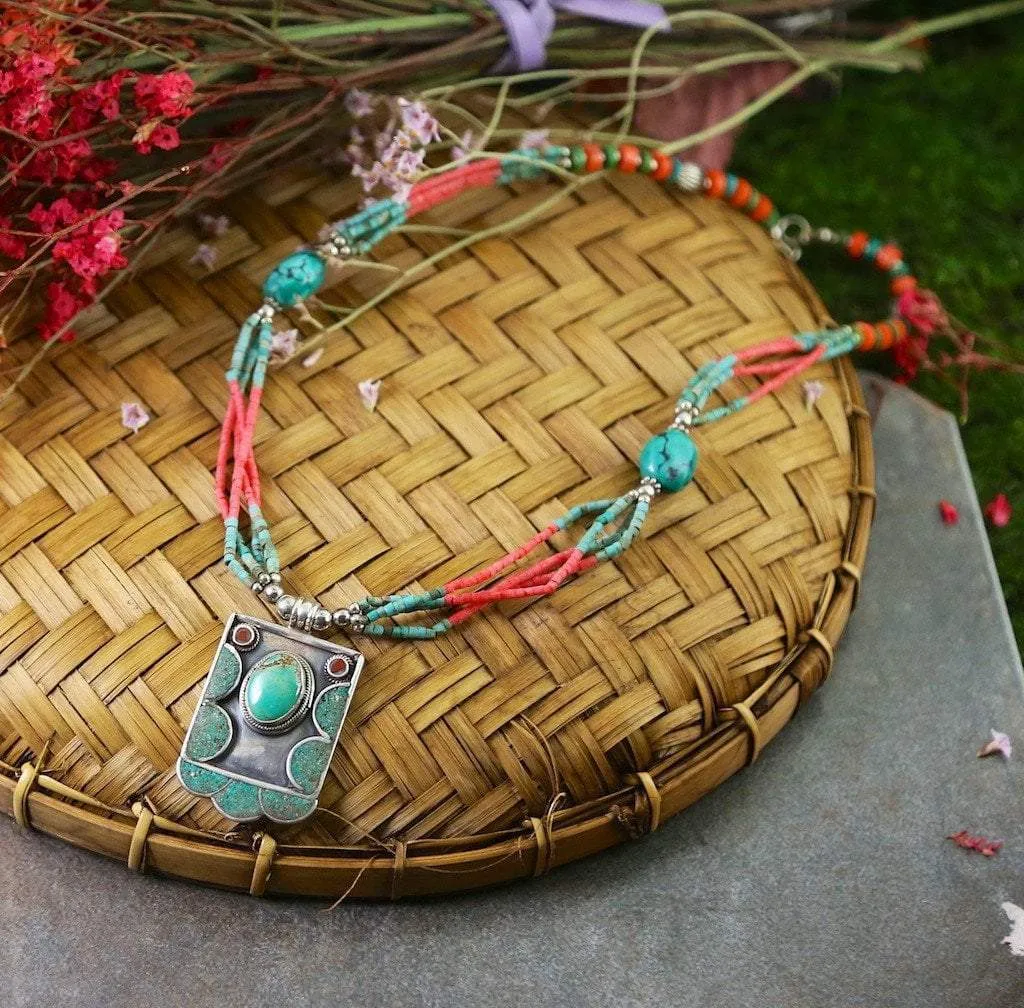 One of a Kind Sterling Coral and Turquoise Necklace
