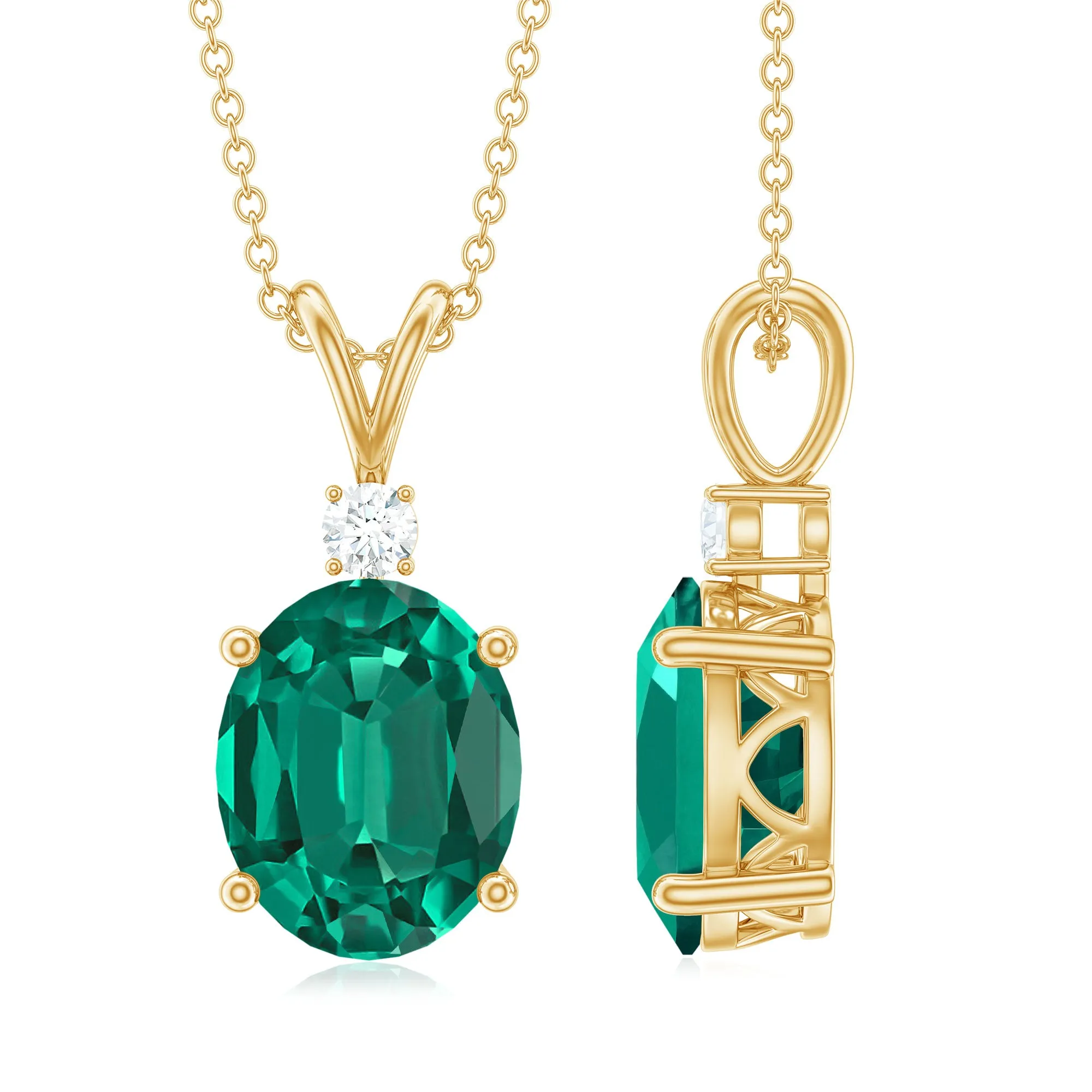 Oval Created Emerald and Moissanite Solitaire Pendant