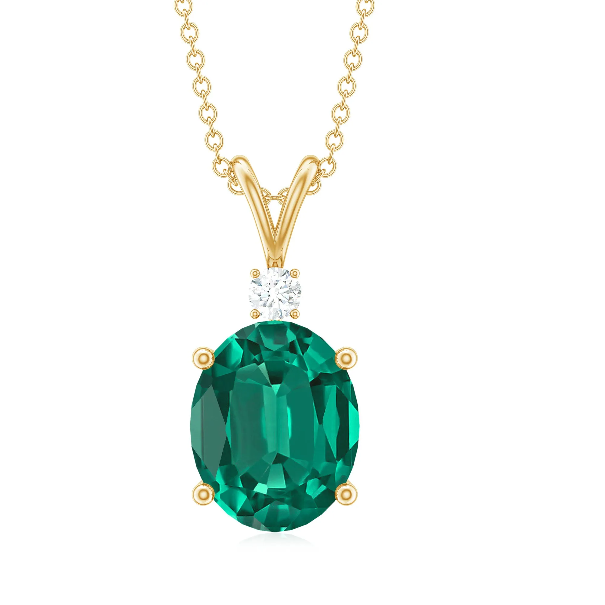 Oval Created Emerald and Moissanite Solitaire Pendant