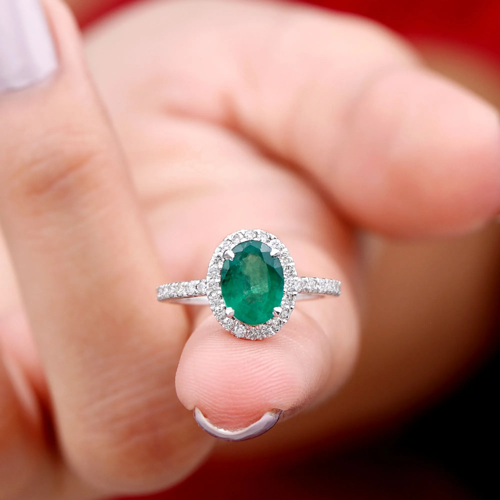 Oval Emerald Halo Engagement Ring with Diamond