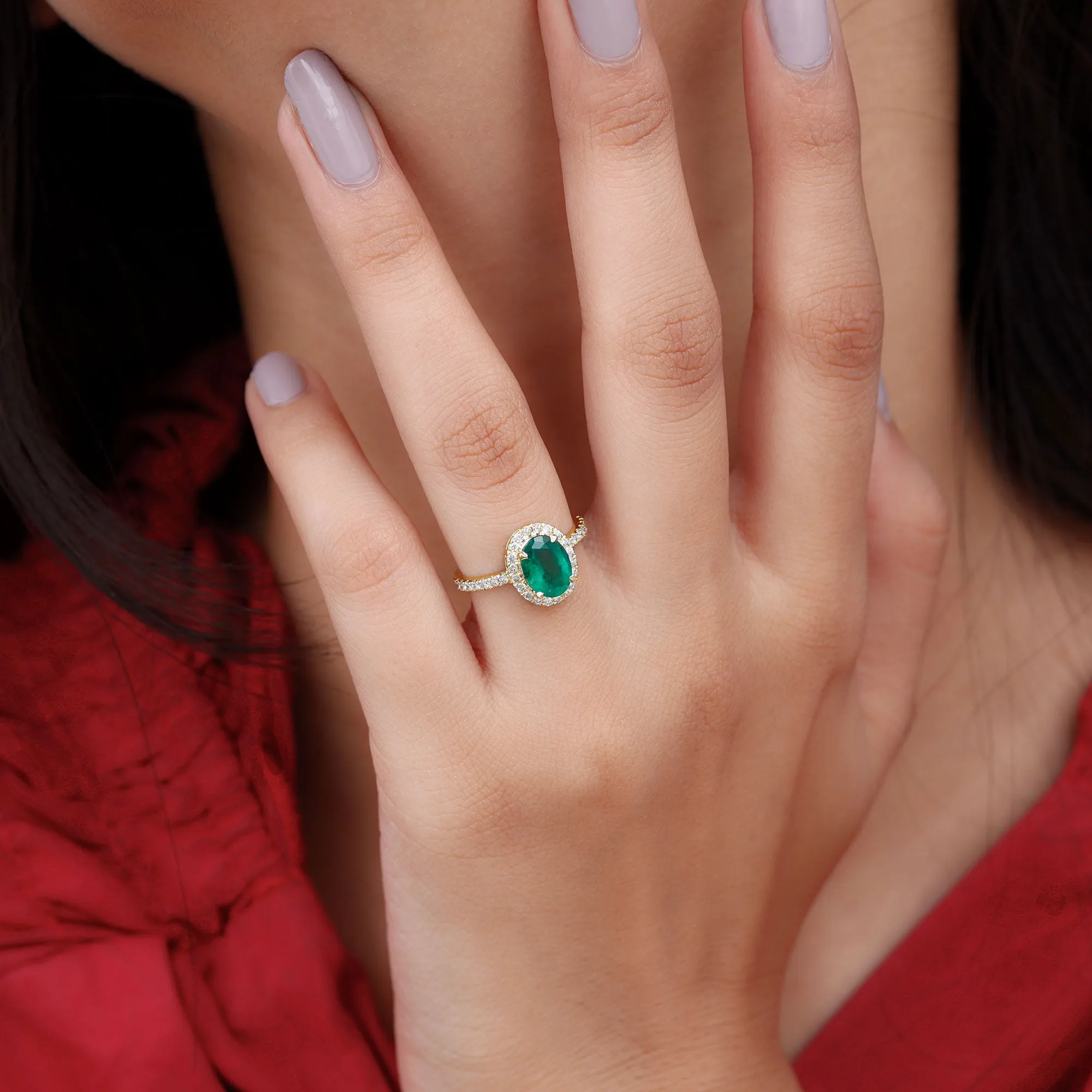 Oval Emerald Halo Engagement Ring with Diamond