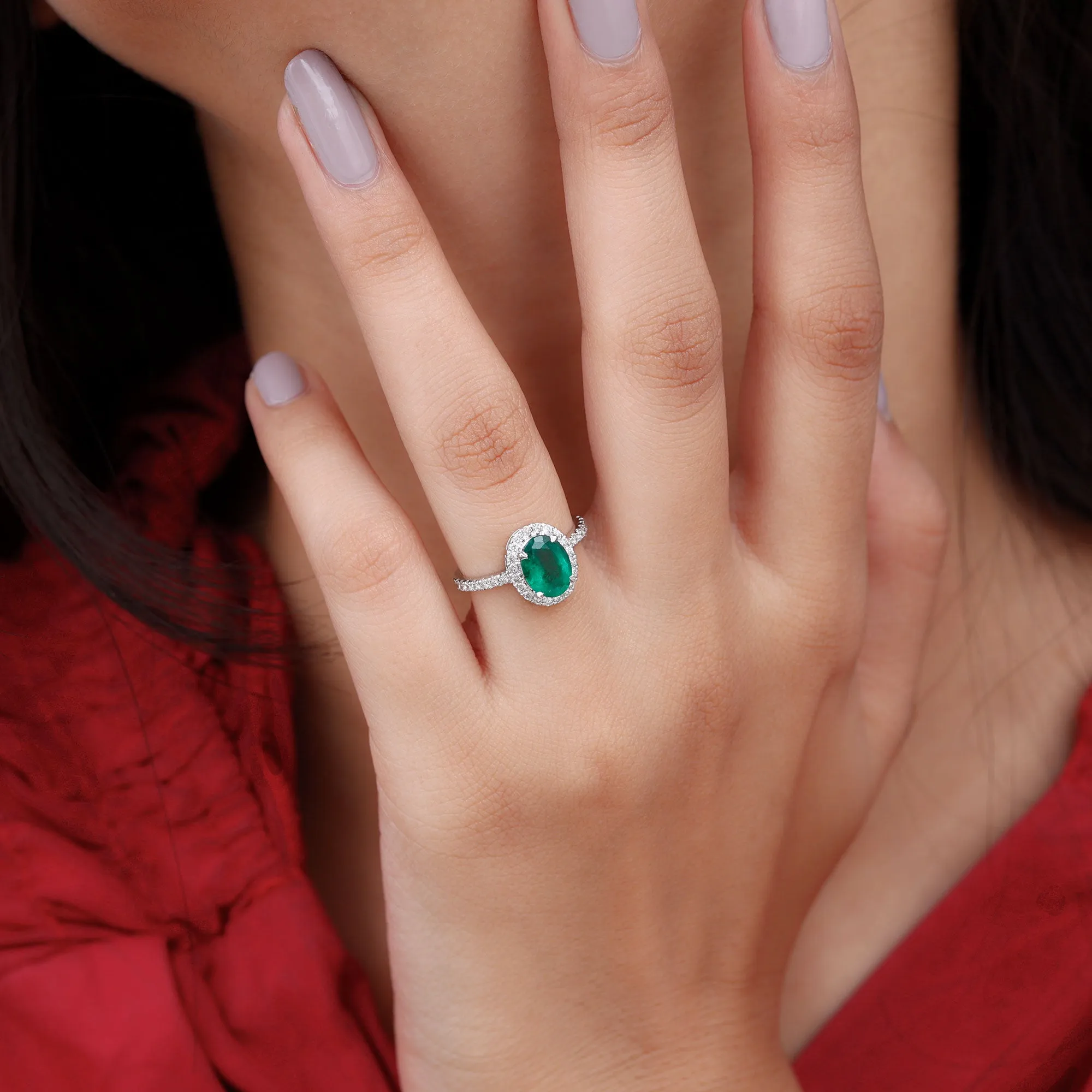 Oval Emerald Halo Engagement Ring with Diamond