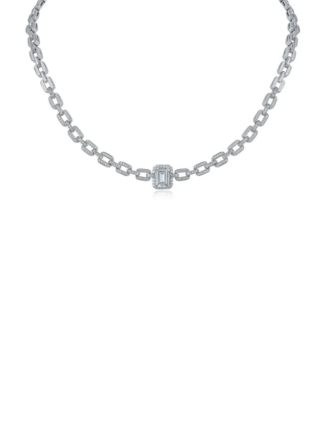 Pave and Emerald CZ Link Necklace