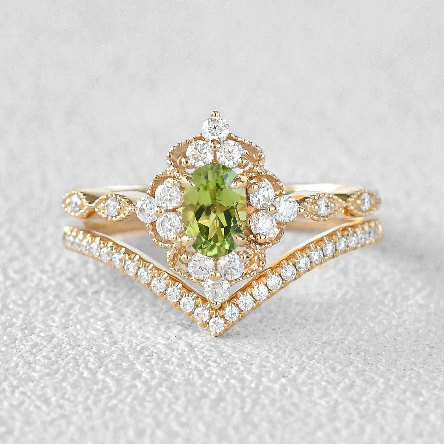 Peridot & Moissanite Vintage Inspired Ring Set 2pcs