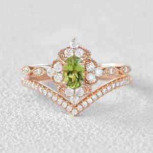 Peridot & Moissanite Vintage Inspired Ring Set 2pcs