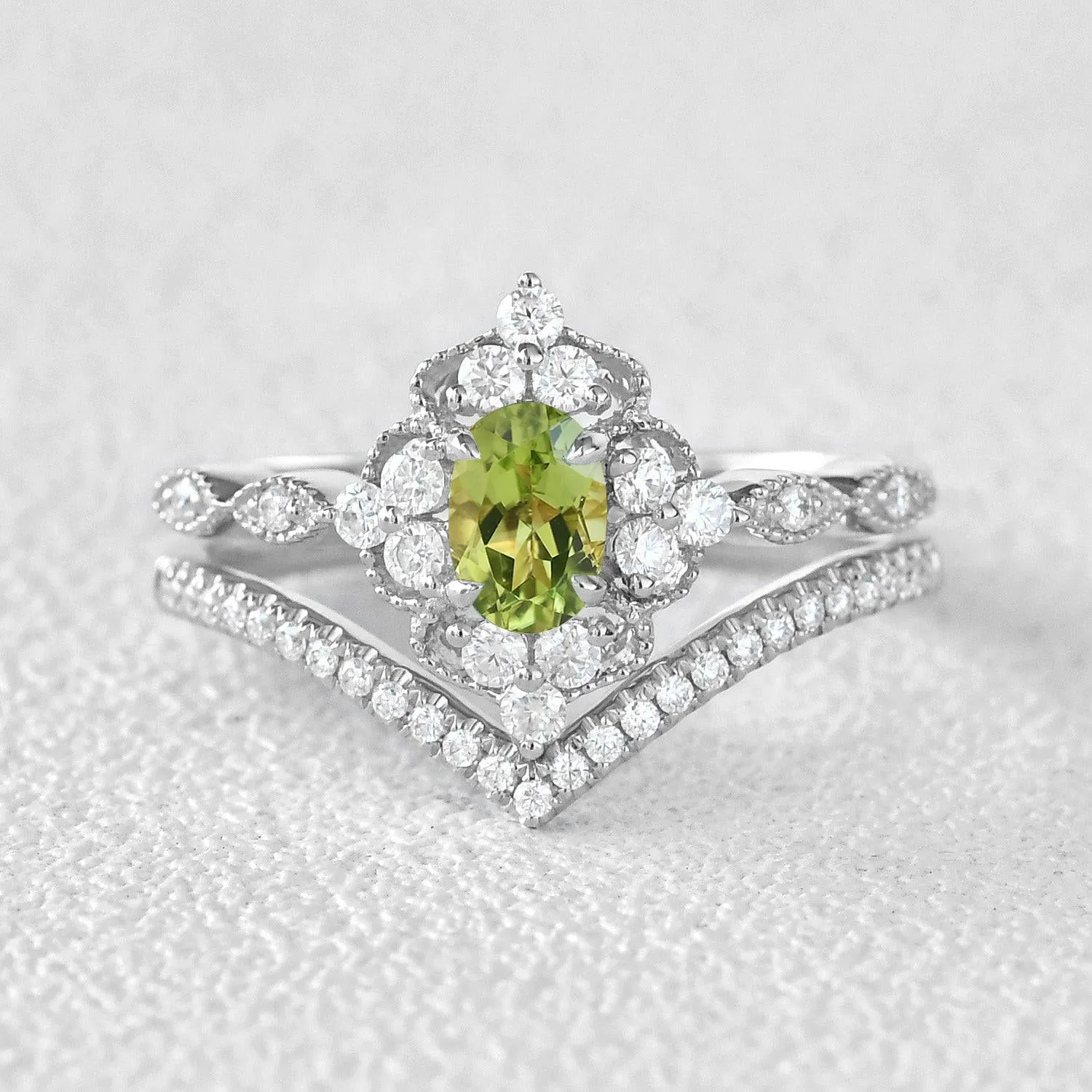Peridot & Moissanite Vintage Inspired Ring Set 2pcs
