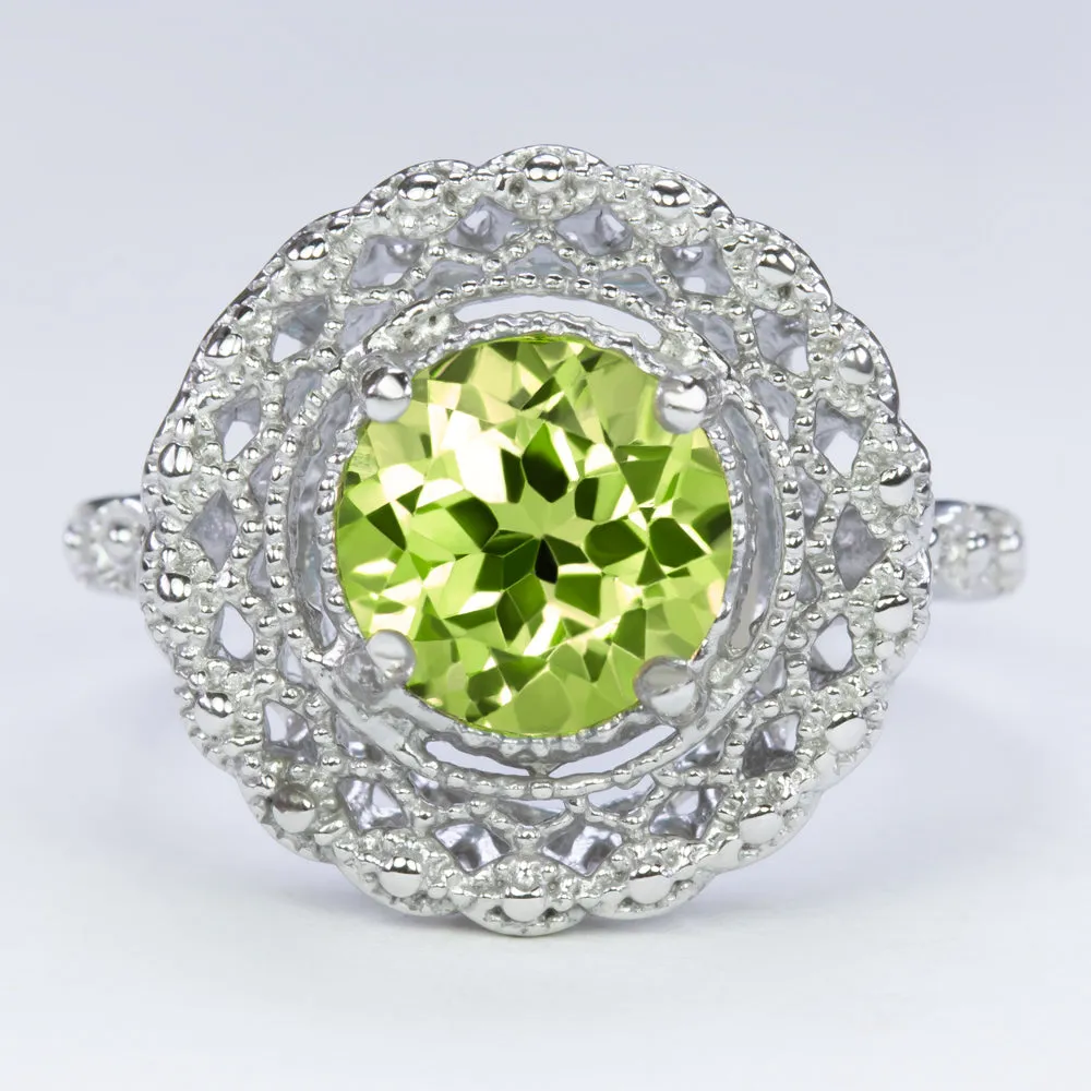 PERIDOT STERLING SILVER RING VINTAGE STYLE FILIGREE HALO ROUND CUT ART DECO
