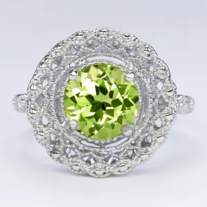 PERIDOT STERLING SILVER RING VINTAGE STYLE FILIGREE HALO ROUND CUT ART DECO