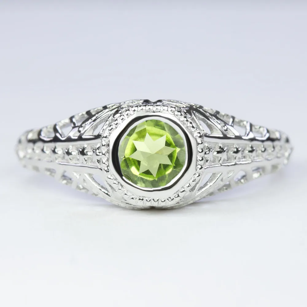 PERIDOT STERLING SILVER RING VINTAGE STYLE FILIGREE SOLITAIRE GEMSTONE ART DECO
