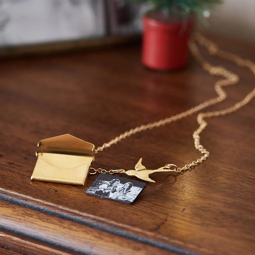 Personalised Photo Envelope Necklace With Bird
