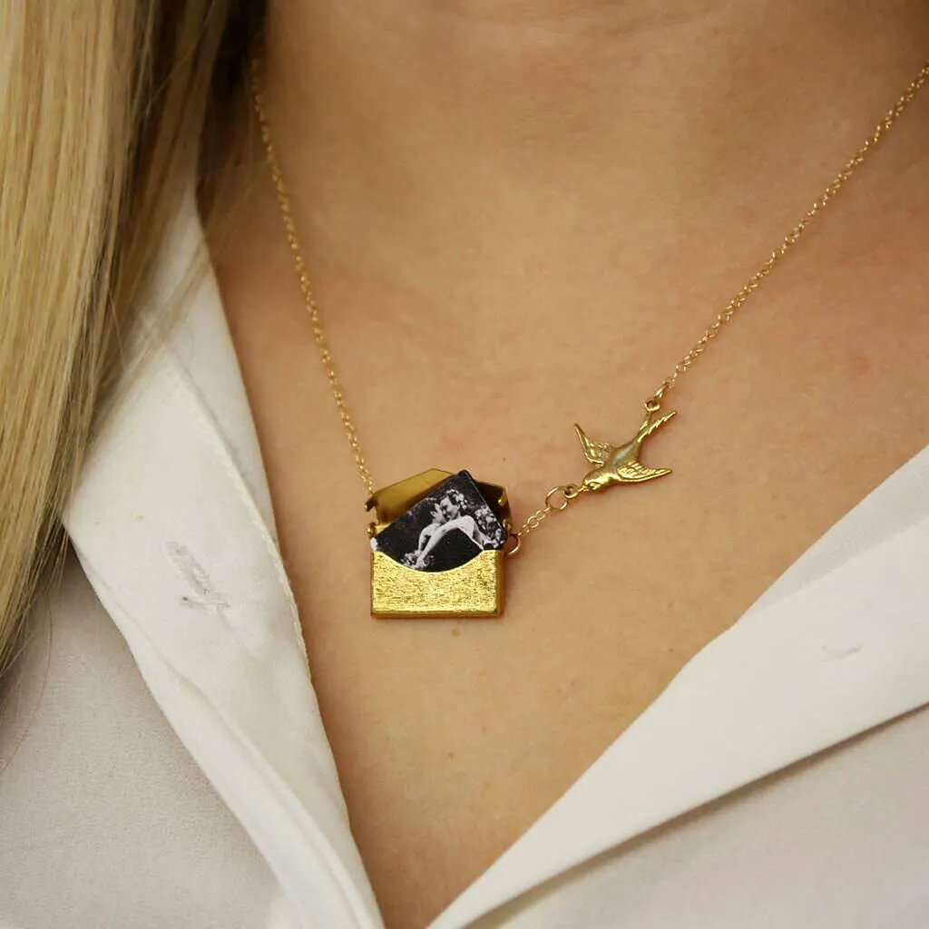 Personalised Photo Envelope Necklace With Bird