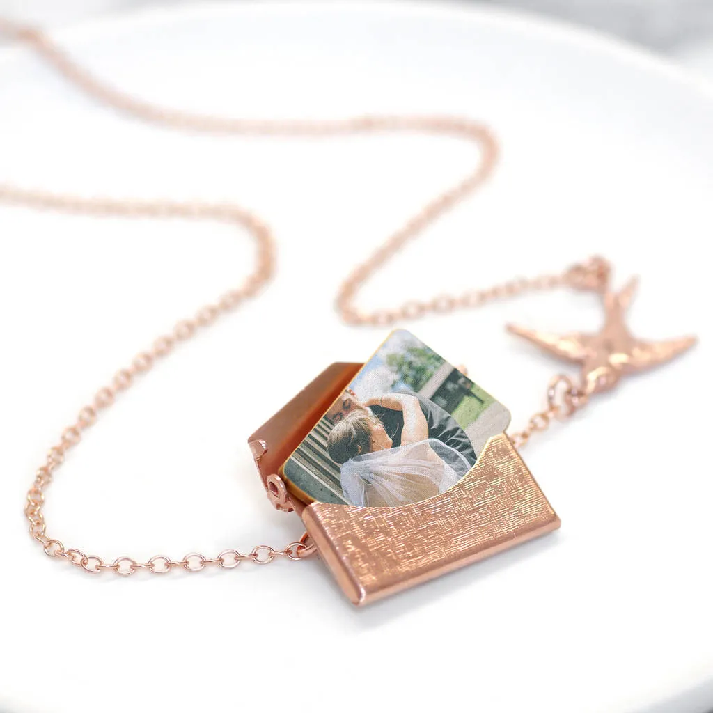 Personalised Photo Envelope Necklace With Bird