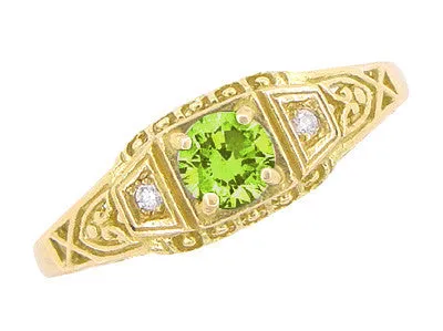 Petite Yellow Gold Art Deco Peridot and Diamond Filigree Ring