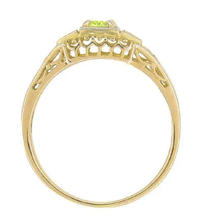 Petite Yellow Gold Art Deco Peridot and Diamond Filigree Ring