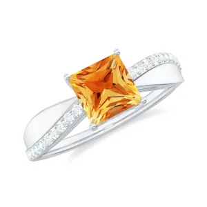 Princess Cut Citrine Solitaire Engagement Ring with Diamond