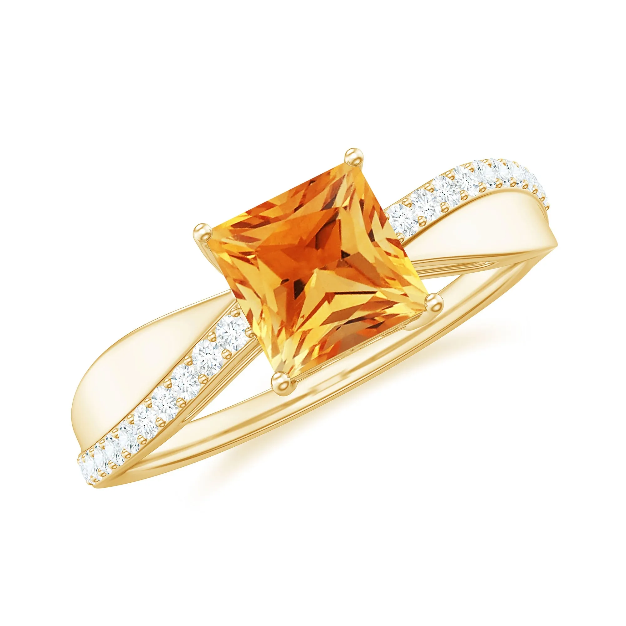 Princess Cut Citrine Solitaire Engagement Ring with Diamond