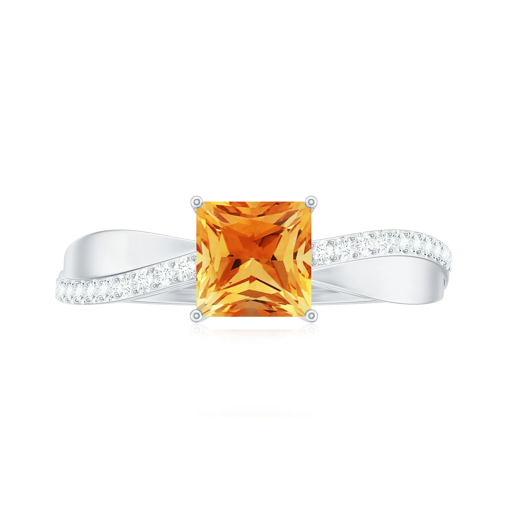 Princess Cut Citrine Solitaire Engagement Ring with Diamond