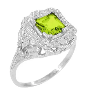 Princess Cut Peridot Art Nouveau Ring in 14 Karat White Gold