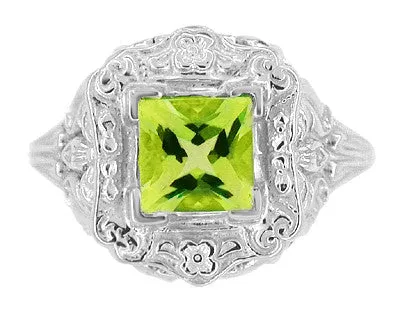 Princess Cut Peridot Art Nouveau Ring in 14 Karat White Gold