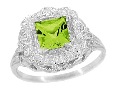 Princess Cut Peridot Art Nouveau Ring in 14 Karat White Gold