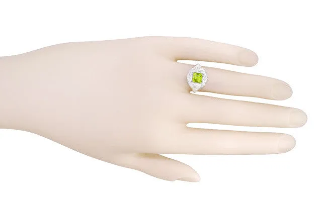Princess Cut Peridot Art Nouveau Ring in 14 Karat White Gold