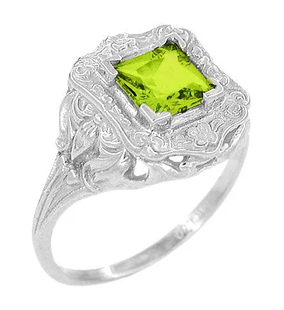 Princess Cut Peridot Art Nouveau Ring in 14 Karat White Gold