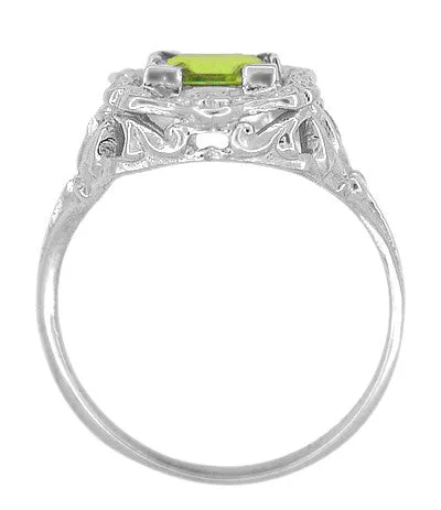 Princess Cut Peridot Art Nouveau Ring in 14 Karat White Gold