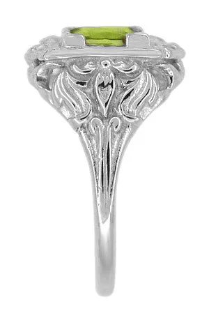 Princess Cut Peridot Art Nouveau Ring in 14 Karat White Gold