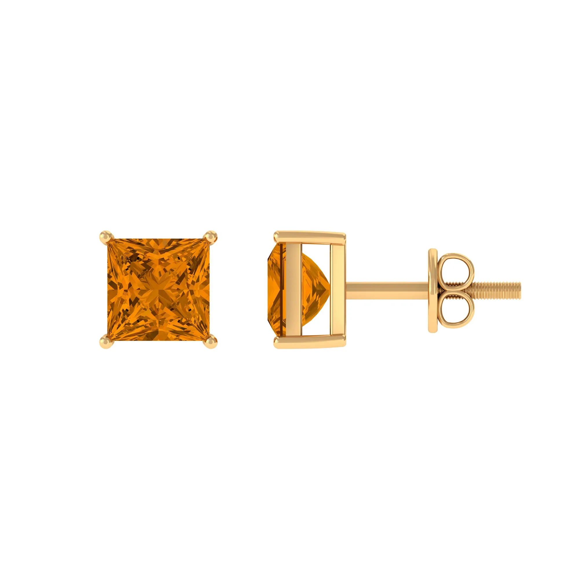 Prong Set Princess Cut Solitaire Citrine Stud Earrings