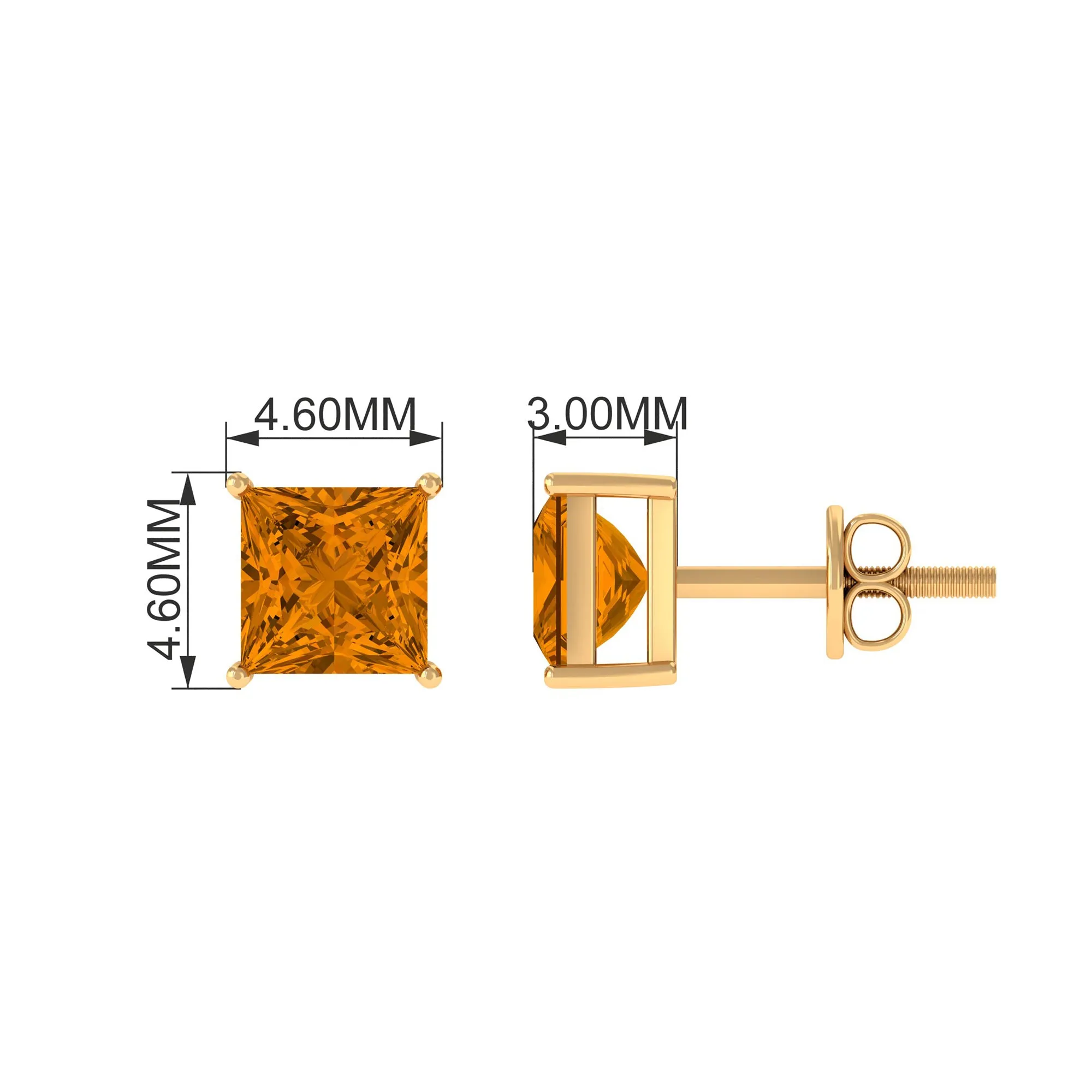 Prong Set Princess Cut Solitaire Citrine Stud Earrings