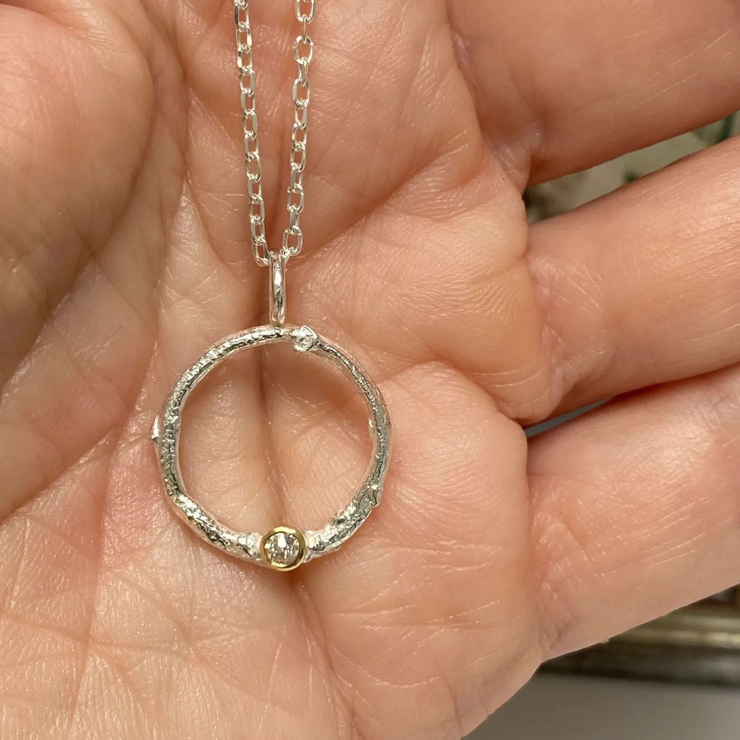 Recycled Diamond Pendant, Silver Diamond Circle Necklace, Diamond Halo Pendant