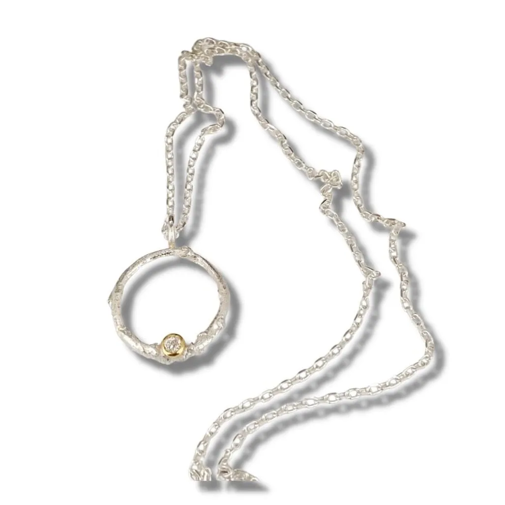Recycled Diamond Pendant, Silver Diamond Circle Necklace, Diamond Halo Pendant