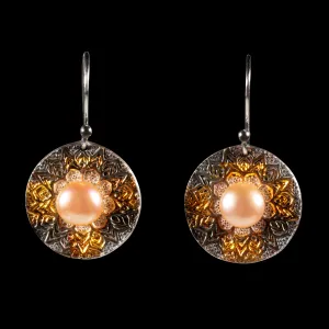 Silver and Gold Floral Earrings with Pink Pearl