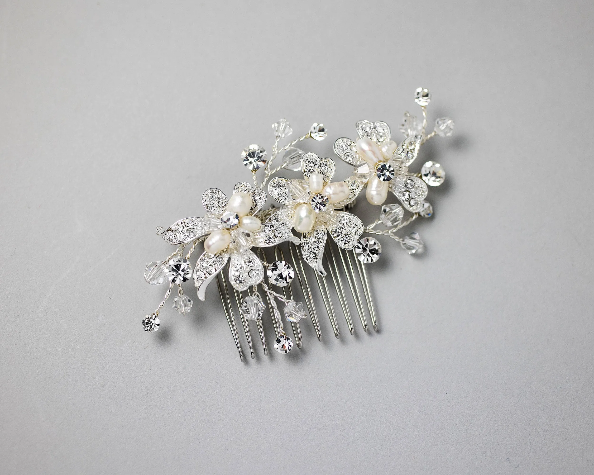 Silver Crystal Flowers with Freshwater Pearls Hair Comb