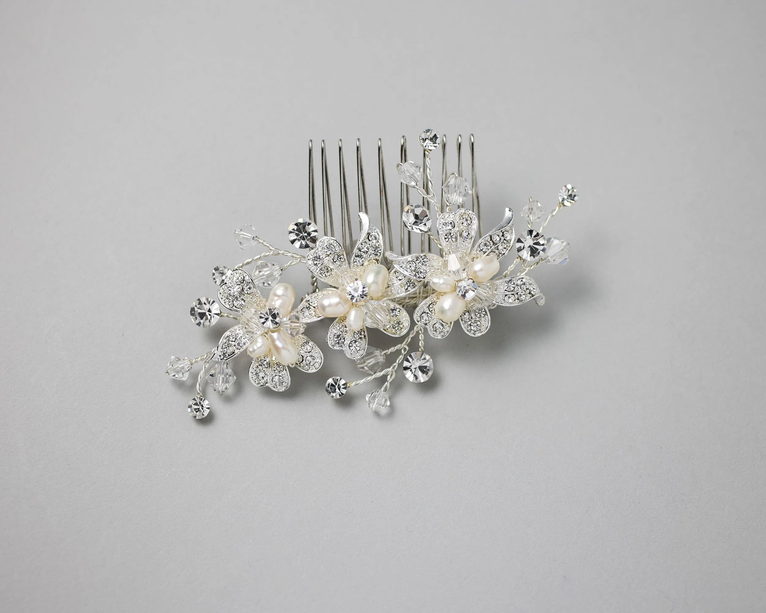 Silver Crystal Flowers with Freshwater Pearls Hair Comb